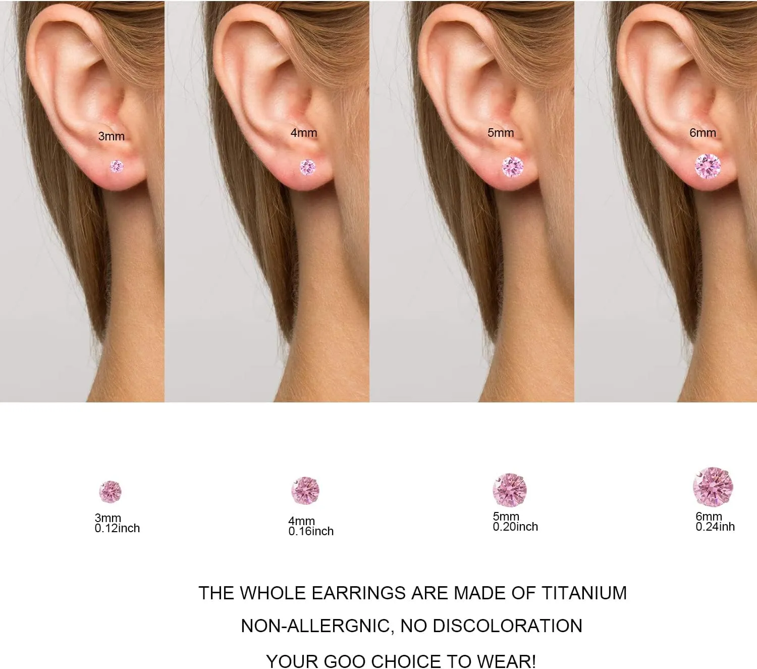 1 Pair Implant Grade Titanium Stud Earrings Set Hypoallergenic 3mm 4mm 5mm 6mm Cubic Zirconia G23 Titanium Earring Studs for Women Men for Sensitive Ear