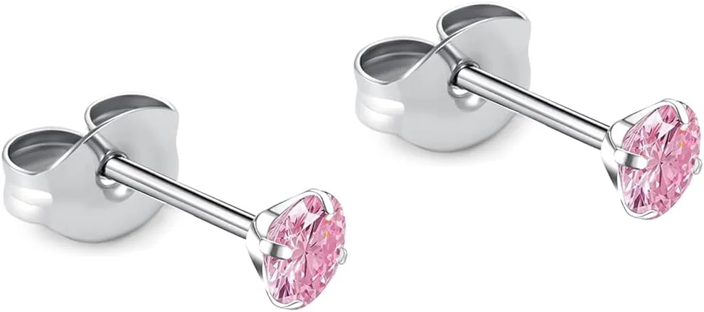 1 Pair Implant Grade Titanium Stud Earrings Set Hypoallergenic 3mm 4mm 5mm 6mm Cubic Zirconia G23 Titanium Earring Studs for Women Men for Sensitive Ear