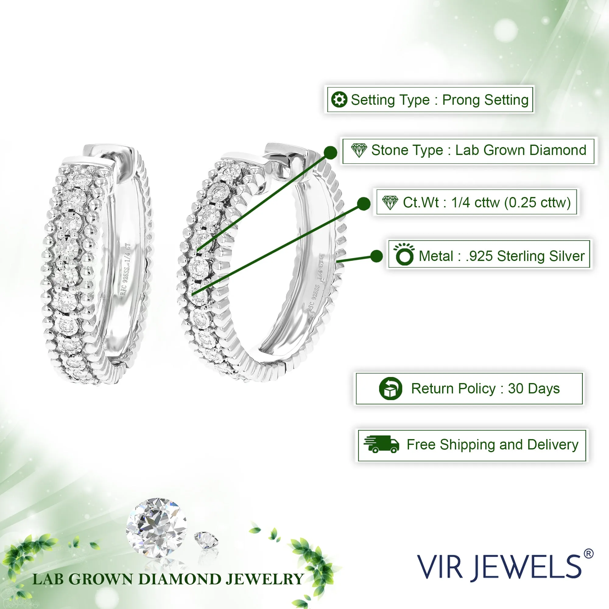 1/4 cttw Round Lab Grown Diamond Hoop Earrings .925 Sterling Silver Prong Set 1 Inch