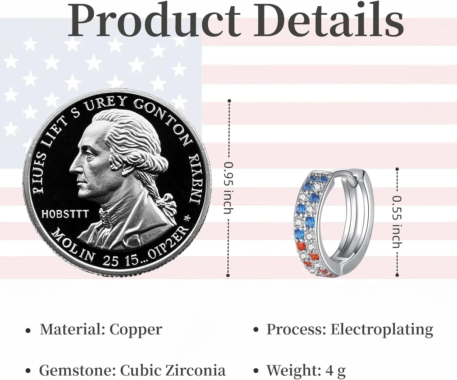 4th of July Patriotic Earrings, US Flag Earrings for Women, USA Patriotic Red White Blue Cubic Zirconia Crystal Earring, American Independence Memorial Day Jewelry Gift