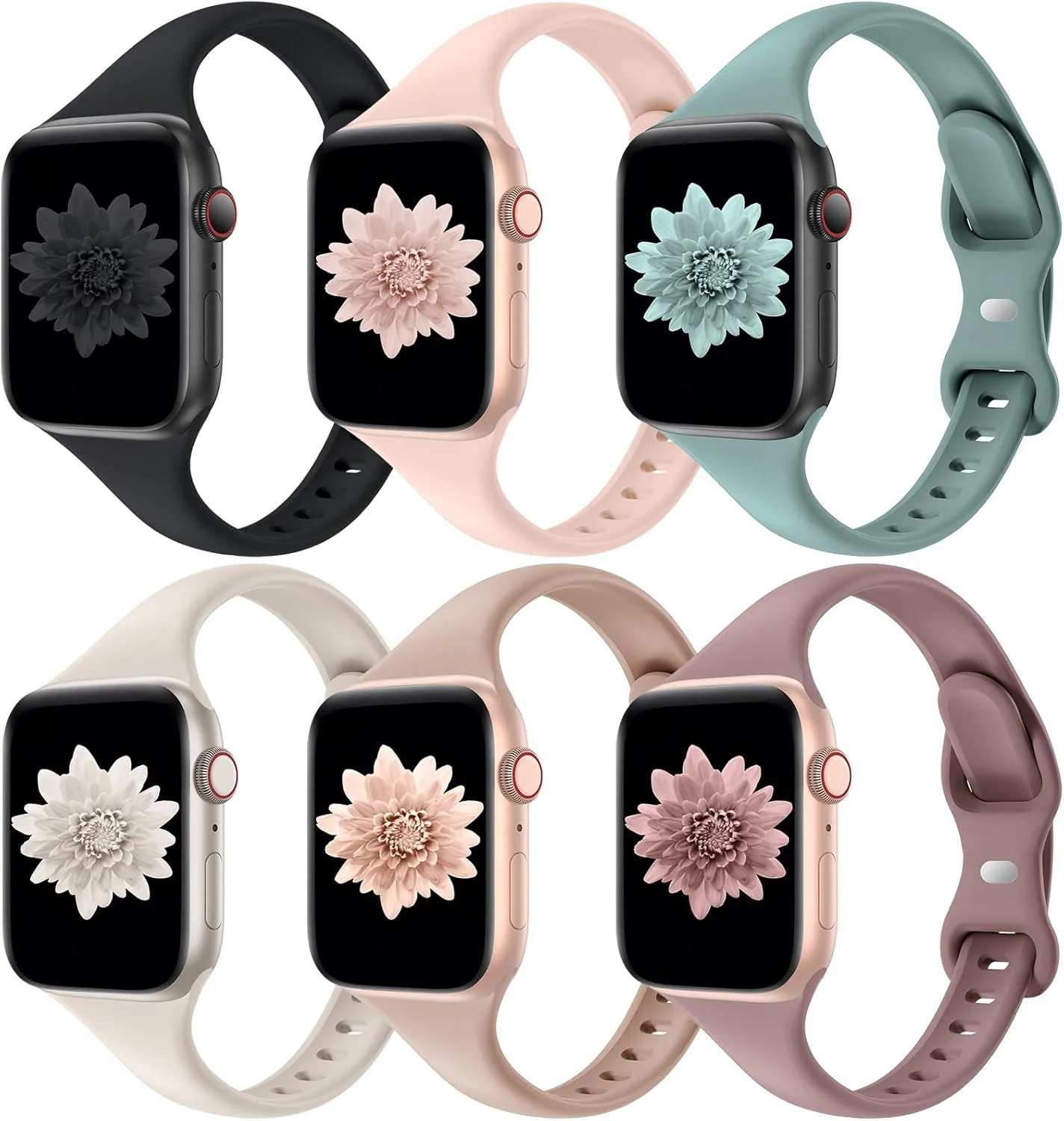 6 Pack Thin Slim Bands Compatible with Apple Watch 38mm 40mm 41mm 42mm 44mm 45mm 46mm 49mm Women Men, Replacement Soft Silicone Sport Strap for iWatch Series 10/9/8/7/6/5/4/3/2/1 Ultra SE