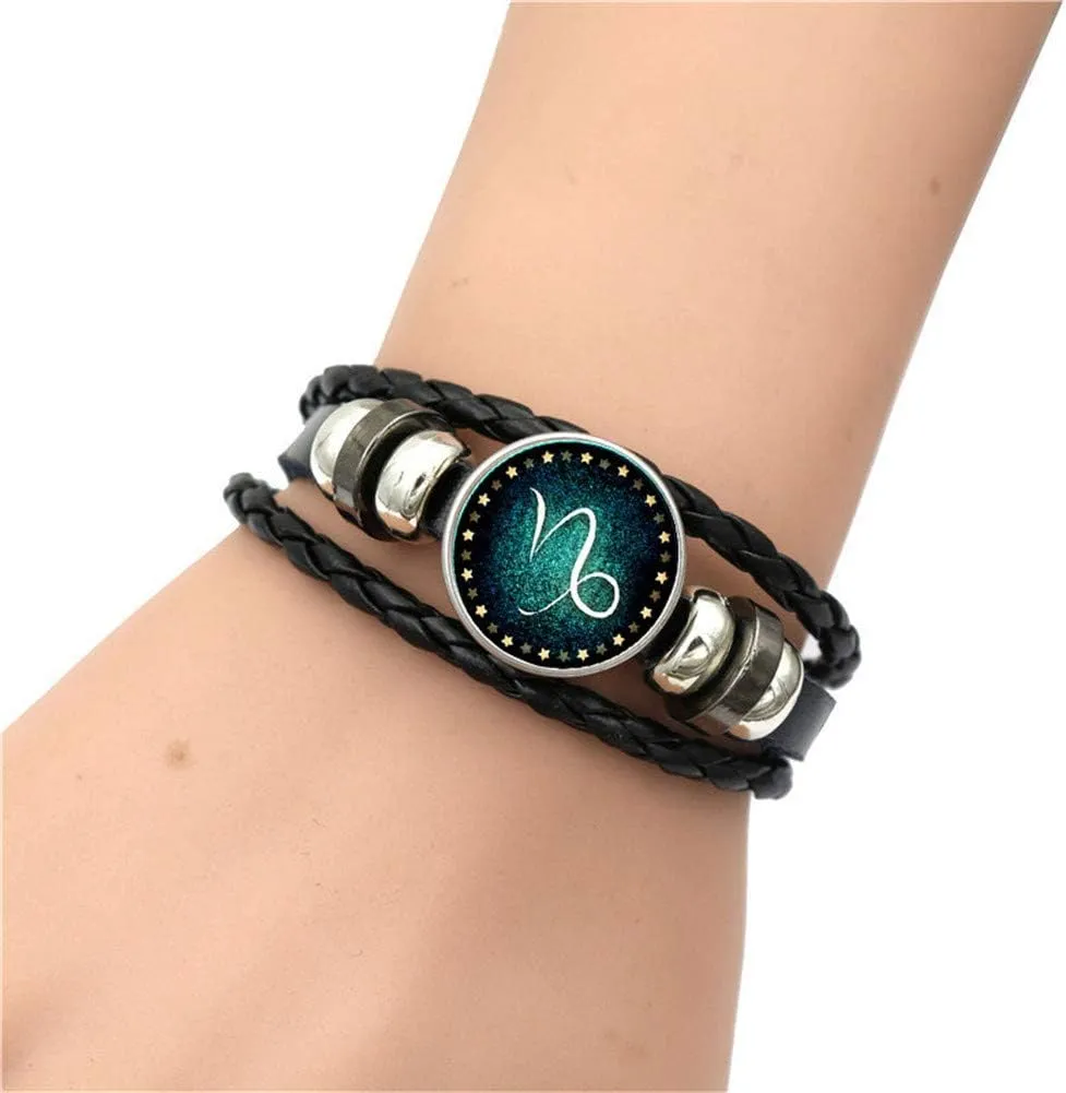 Ailiessy Constellation Necklace Bracelet Set Vintage Crescent Moon Time Gemstone Zodiac Pendant Necklace Zodiac Leather Bracelet for Men Women