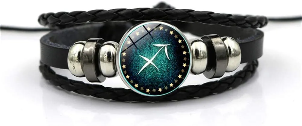 Ailiessy Constellation Necklace Bracelet Set Vintage Crescent Moon Time Gemstone Zodiac Pendant Necklace Zodiac Leather Bracelet for Men Women