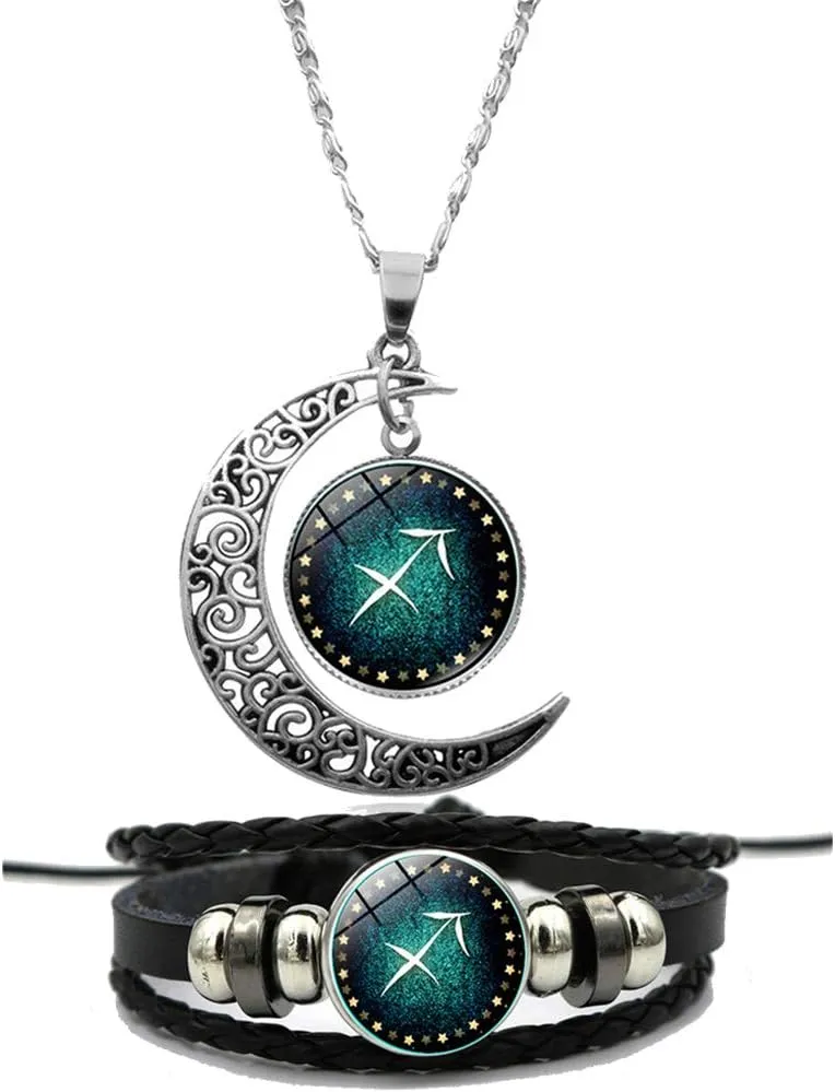 Ailiessy Constellation Necklace Bracelet Set Vintage Crescent Moon Time Gemstone Zodiac Pendant Necklace Zodiac Leather Bracelet for Men Women