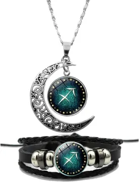 Ailiessy Constellation Necklace Bracelet Set Vintage Crescent Moon Time Gemstone Zodiac Pendant Necklace Zodiac Leather Bracelet for Men Women