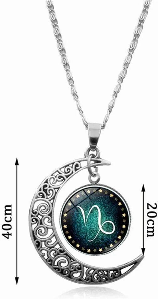 Ailiessy Constellation Necklace Bracelet Set Vintage Crescent Moon Time Gemstone Zodiac Pendant Necklace Zodiac Leather Bracelet for Men Women
