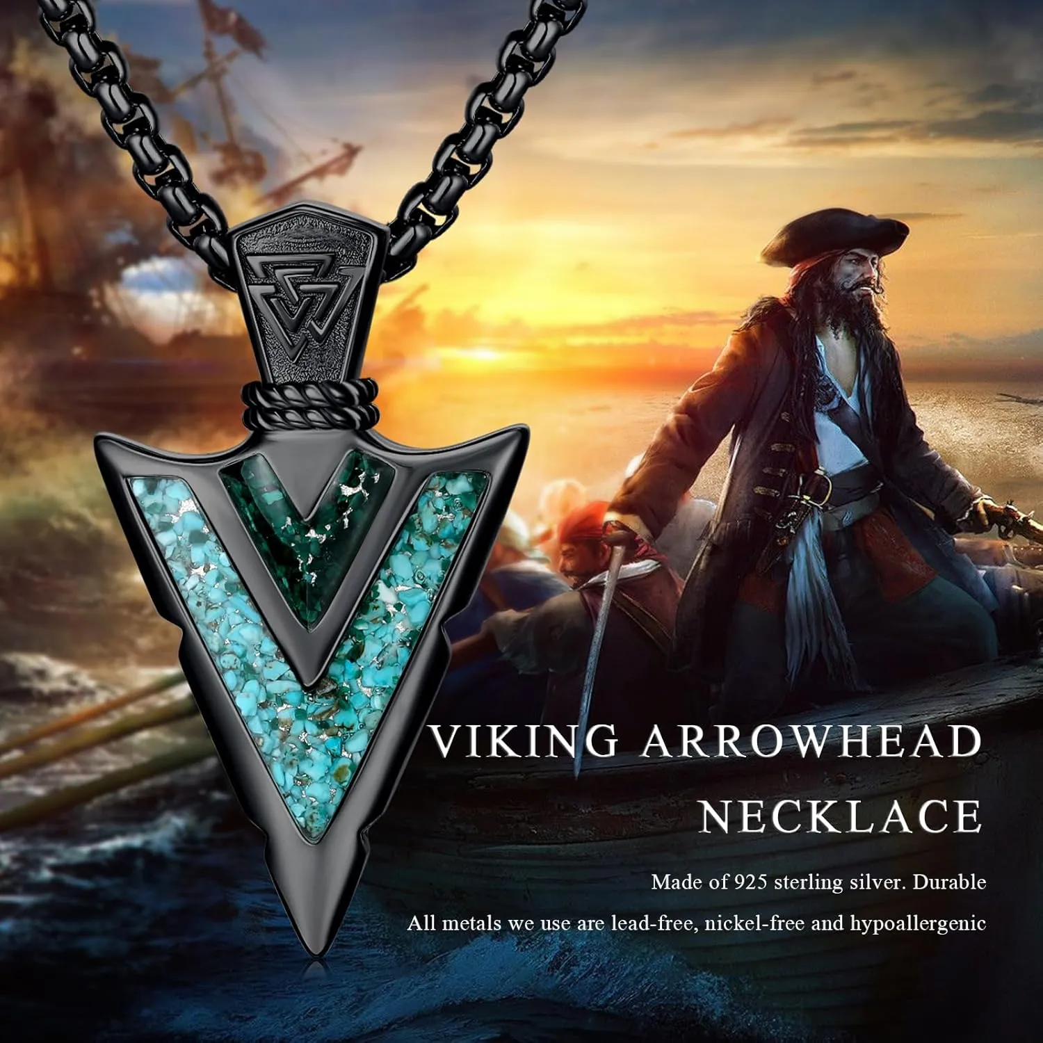 Arrowhead Necklace for Men Women 925 Sterling Silver Turquoise Malachite Celtic/Eye of Horus/Viking Arrow Pendant Amulet Jewelry Gifts Native American Necklace