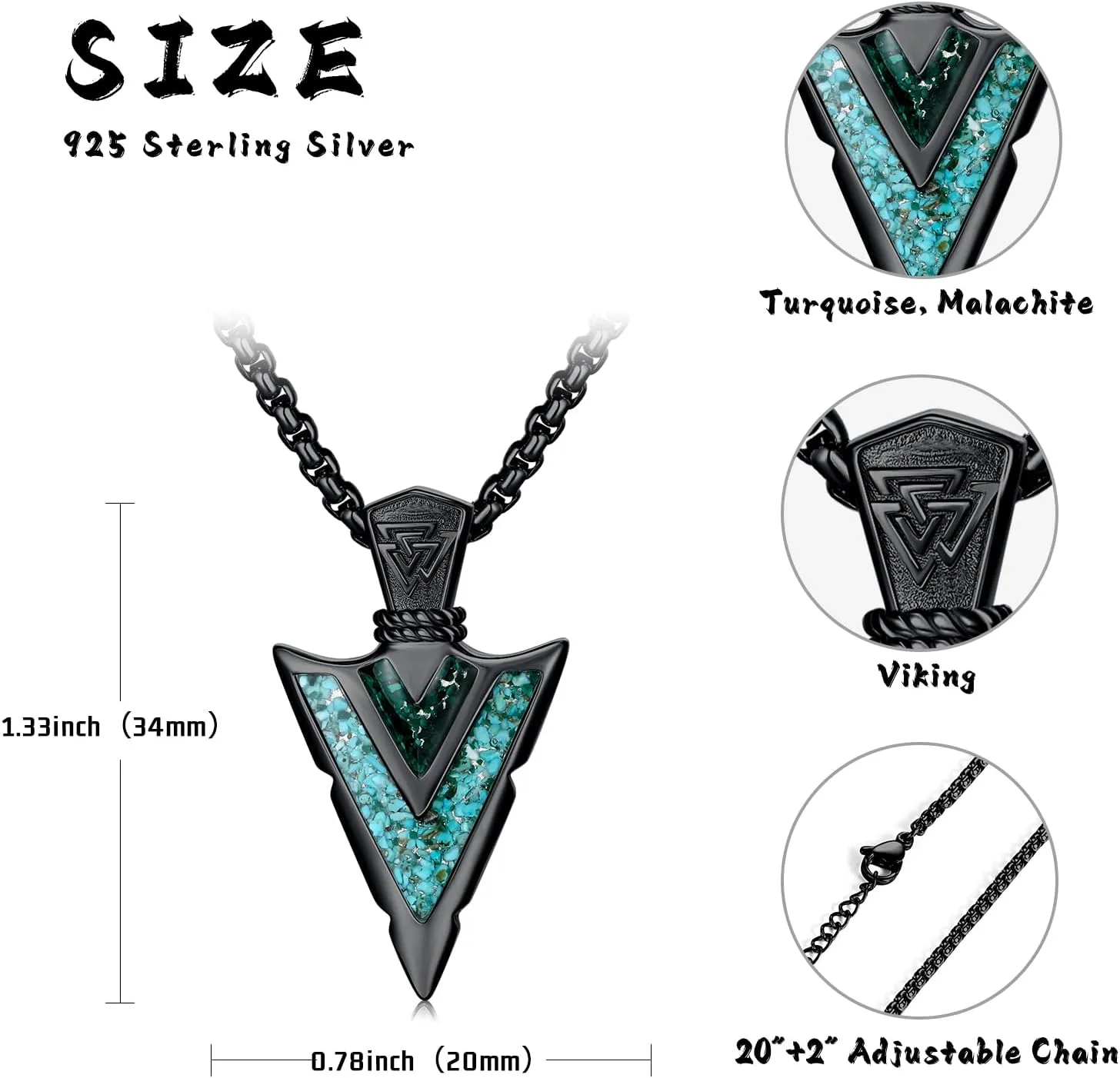 Arrowhead Necklace for Men Women 925 Sterling Silver Turquoise Malachite Celtic/Eye of Horus/Viking Arrow Pendant Amulet Jewelry Gifts Native American Necklace