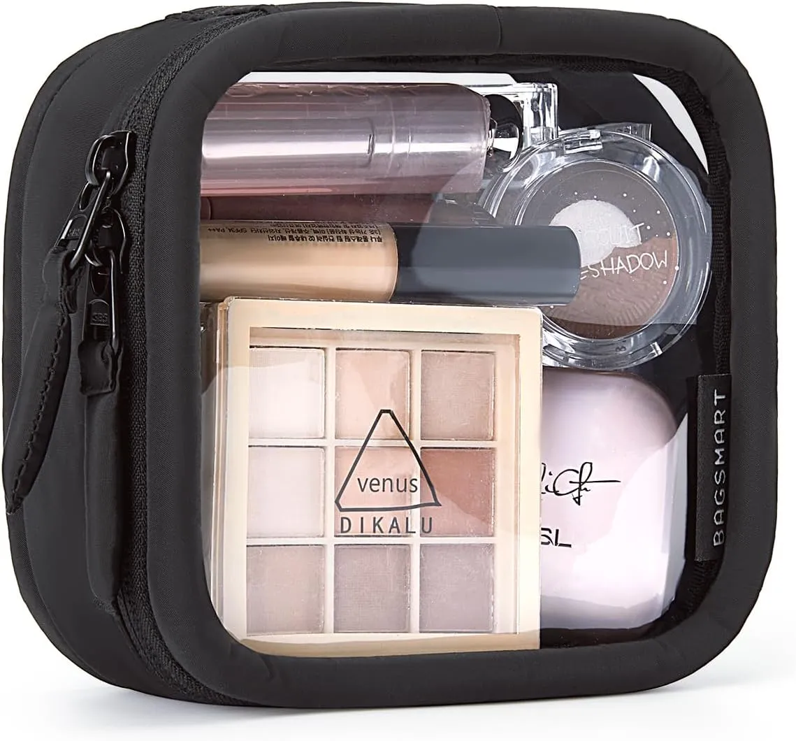 BAGSMART Mini Clear Makeup Bag for Women Portable Travel Toiletry Bag, Cute Small Water-ResistantCosmetic Bag TSA Approved Clear Makeup Case Pouch with Zipper for Car Essentials(Black)