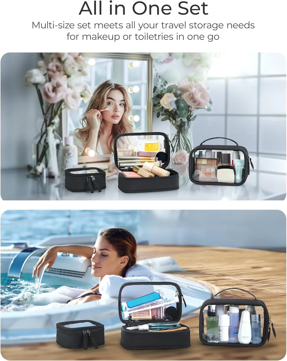 BAGSMART Mini Clear Makeup Bag for Women Portable Travel Toiletry Bag, Cute Small Water-ResistantCosmetic Bag TSA Approved Clear Makeup Case Pouch with Zipper for Car Essentials(Black)