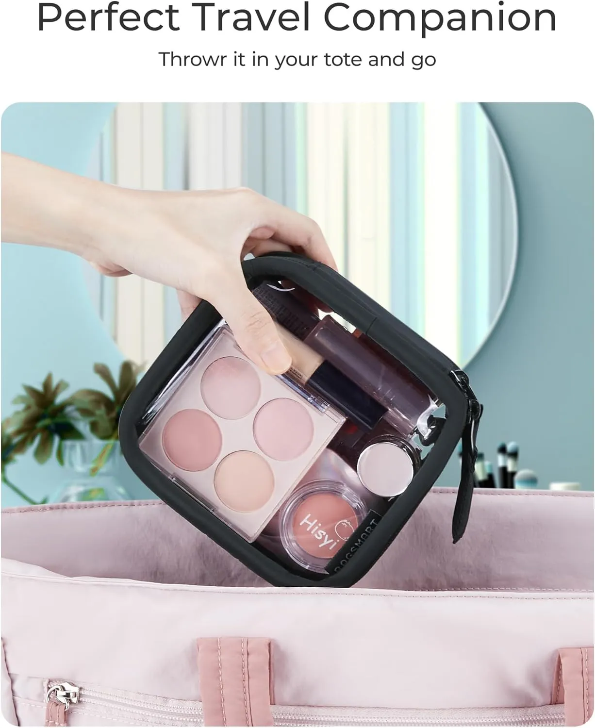 BAGSMART Mini Clear Makeup Bag for Women Portable Travel Toiletry Bag, Cute Small Water-ResistantCosmetic Bag TSA Approved Clear Makeup Case Pouch with Zipper for Car Essentials(Black)
