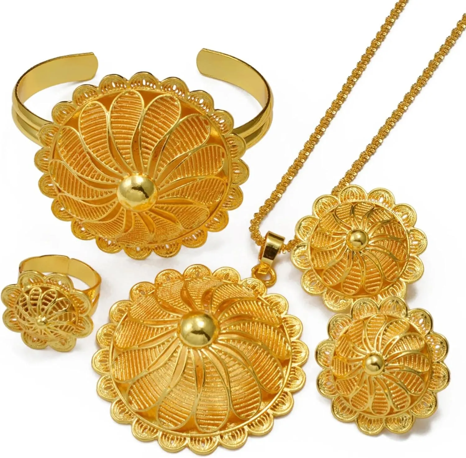 Big Ethiopian Jewelry - Ethiopian Jewelry for Women Set - Big Pendant Necklace Earrings Bracelet Ring African Ethiopian Jewelry Sets Eritrean Traditional Ornaments