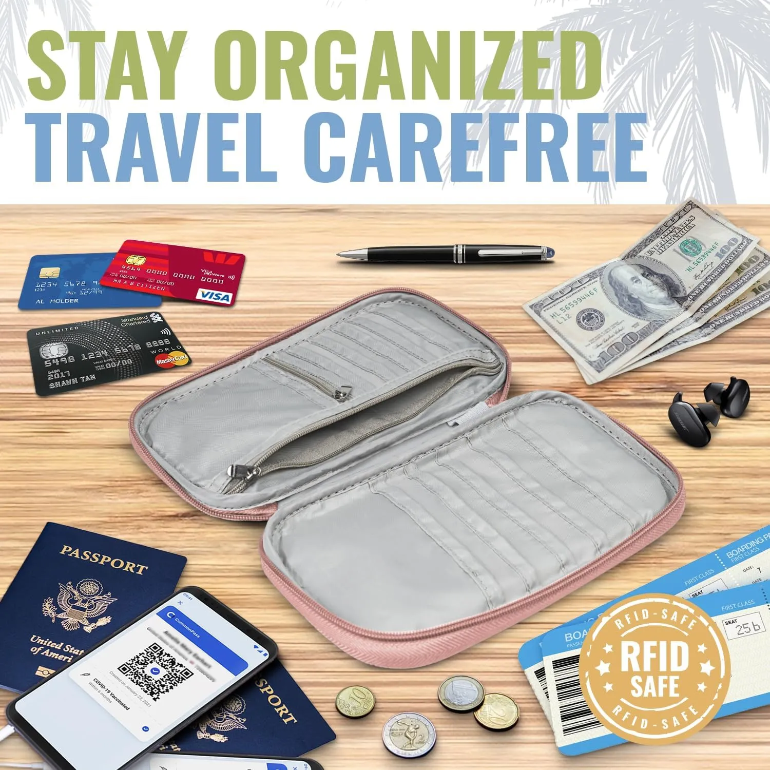 BOACAY Travel Document Organizer with RFID, Family Passport Holder, Wallet for Women & Men, Portable & Waterproof Case for Cards, Boarding Pass, Money