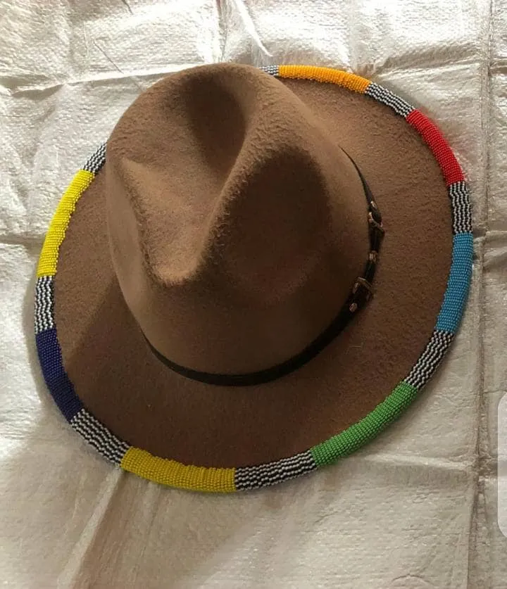 Brown fedora hat|cowboy hat|sunny hat|brim hat with black and grey beads with free shipping world wide