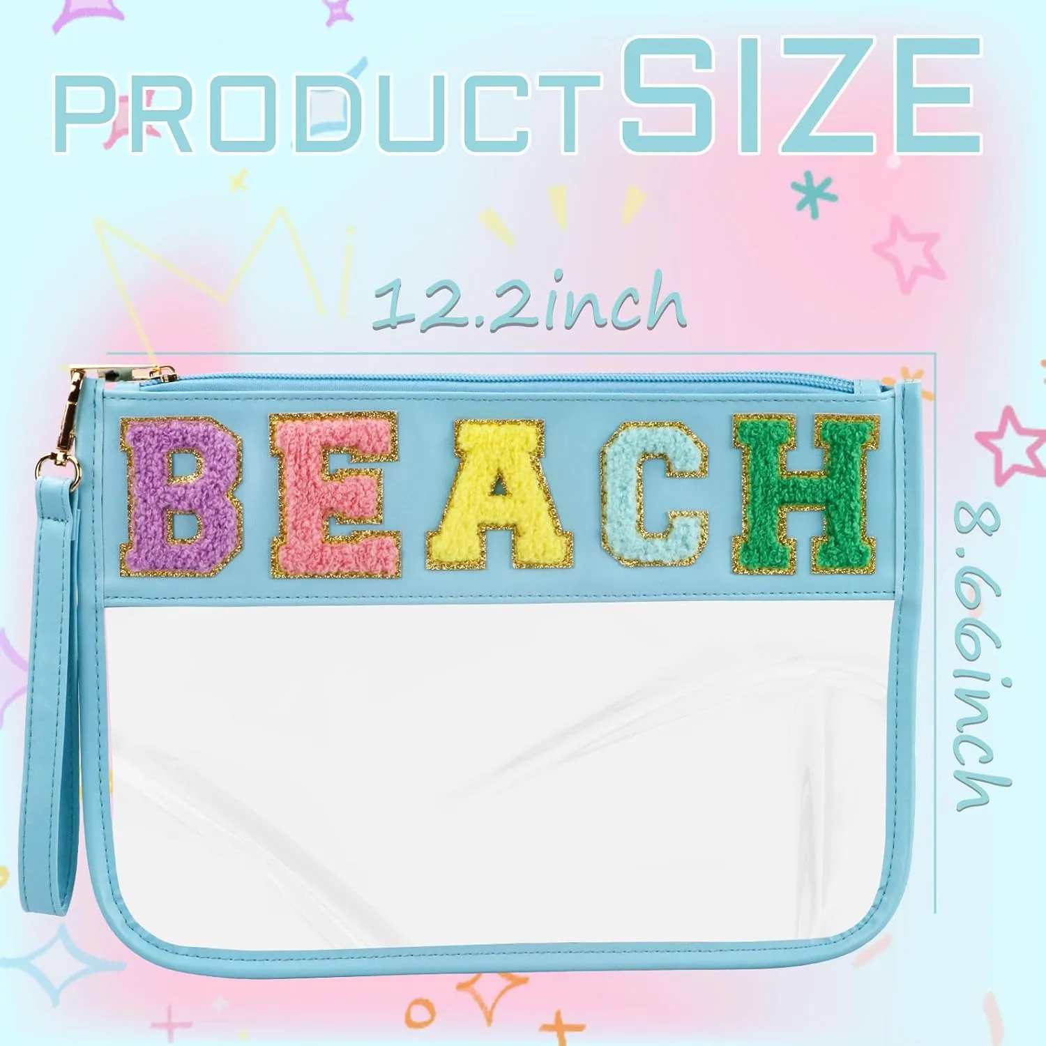 Chenille Letter Bag, Clear Beach Purse, Clear Cosmetic Zipper Pouch for Travel, Portable Water-proof Preppy Makeup Toiletry Flat With Zipper, Organizer for Women Girls Blue