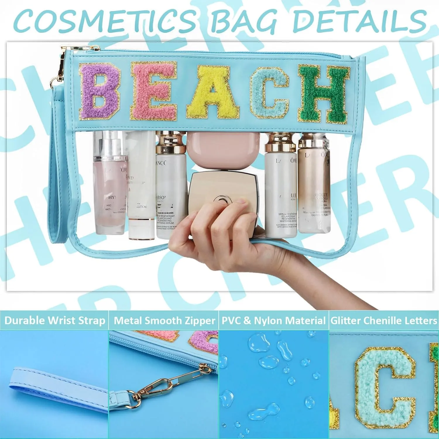 Chenille Letter Bag, Clear Beach Purse, Clear Cosmetic Zipper Pouch for Travel, Portable Water-proof Preppy Makeup Toiletry Flat With Zipper, Organizer for Women Girls Blue