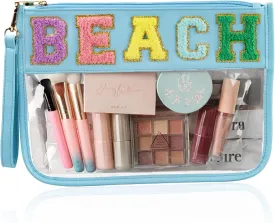 Chenille Letter Bag, Clear Beach Purse, Clear Cosmetic Zipper Pouch for Travel, Portable Water-proof Preppy Makeup Toiletry Flat With Zipper, Organizer for Women Girls Blue