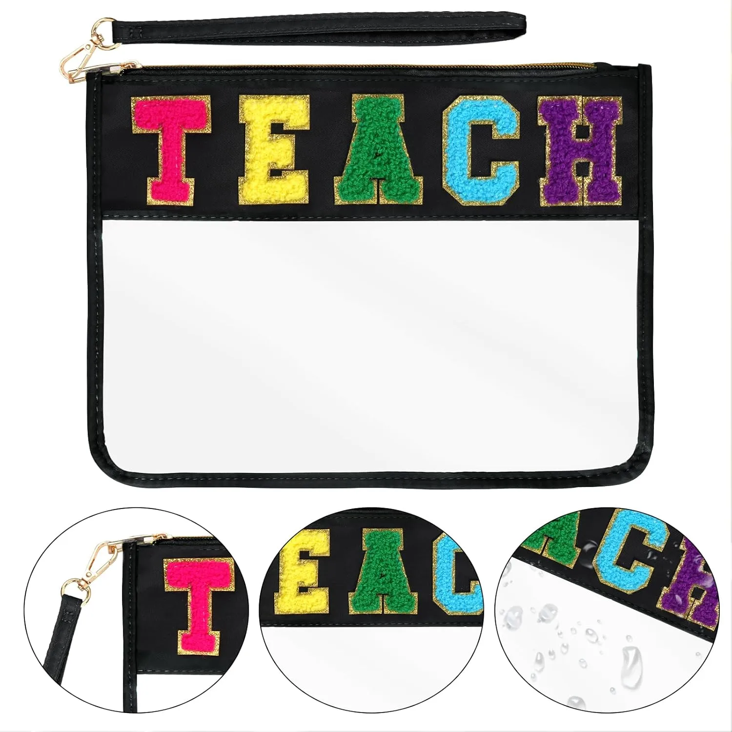 Chenille Letter Bag, Multi-purpose Nylon Clear Makeup Cosmetic Bags Flat Pouches with Zipper for Travel, Gym, Beach (Black-Teach)