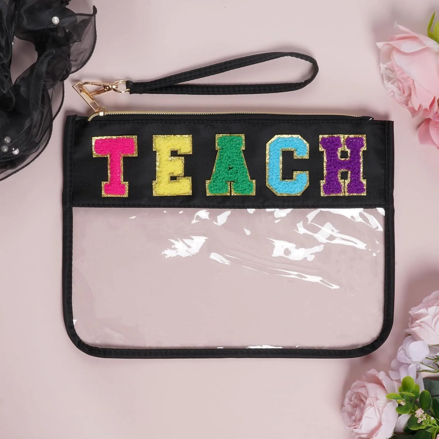 Chenille Letter Bag, Multi-purpose Nylon Clear Makeup Cosmetic Bags Flat Pouches with Zipper for Travel, Gym, Beach (Black-Teach)