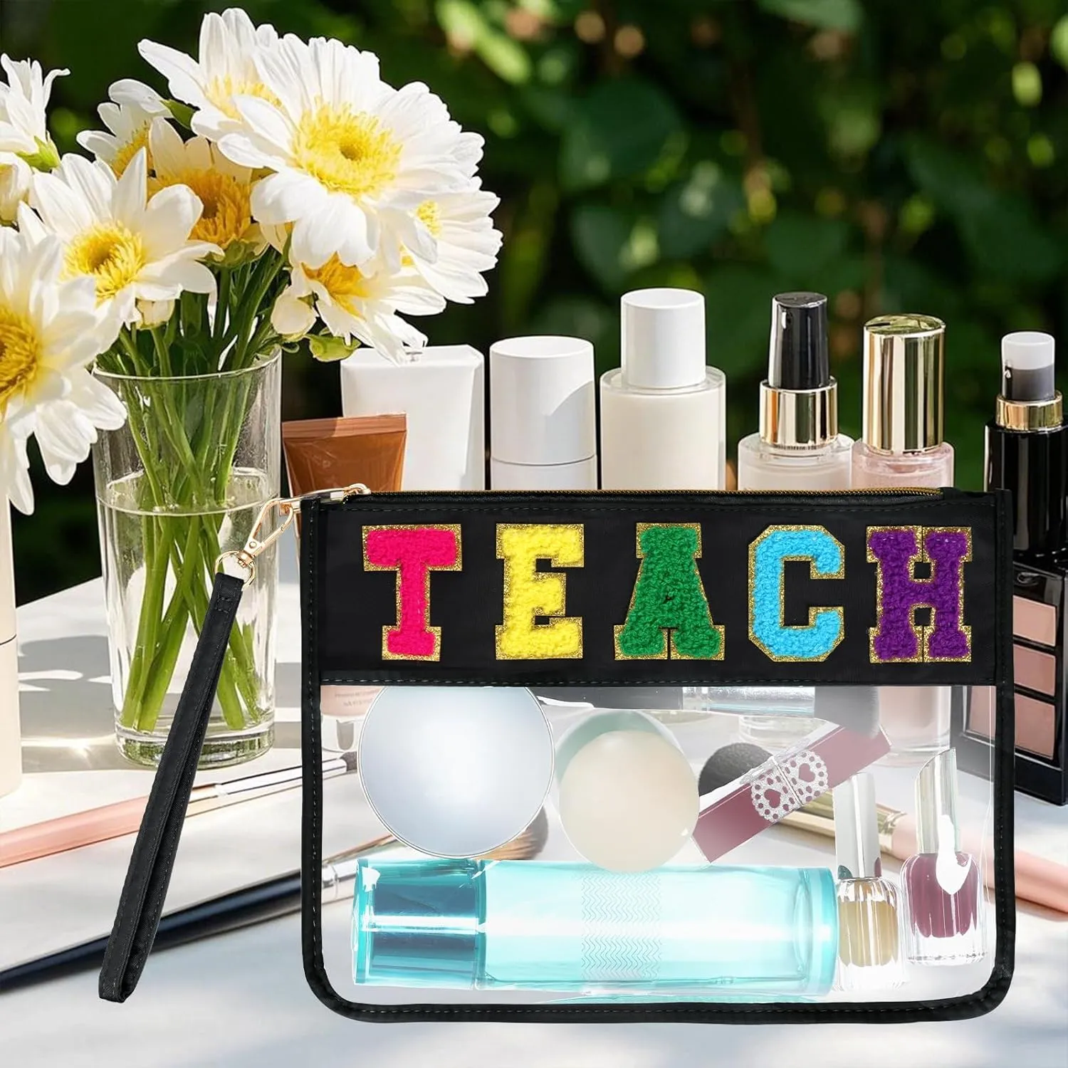 Chenille Letter Bag, Multi-purpose Nylon Clear Makeup Cosmetic Bags Flat Pouches with Zipper for Travel, Gym, Beach (Black-Teach)