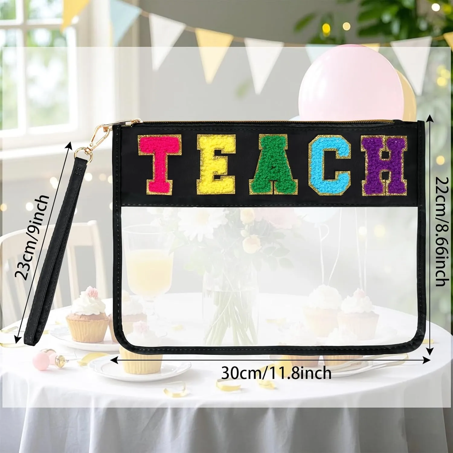 Chenille Letter Bag, Multi-purpose Nylon Clear Makeup Cosmetic Bags Flat Pouches with Zipper for Travel, Gym, Beach (Black-Teach)