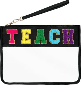Chenille Letter Bag, Multi-purpose Nylon Clear Makeup Cosmetic Bags Flat Pouches with Zipper for Travel, Gym, Beach (Black-Teach)