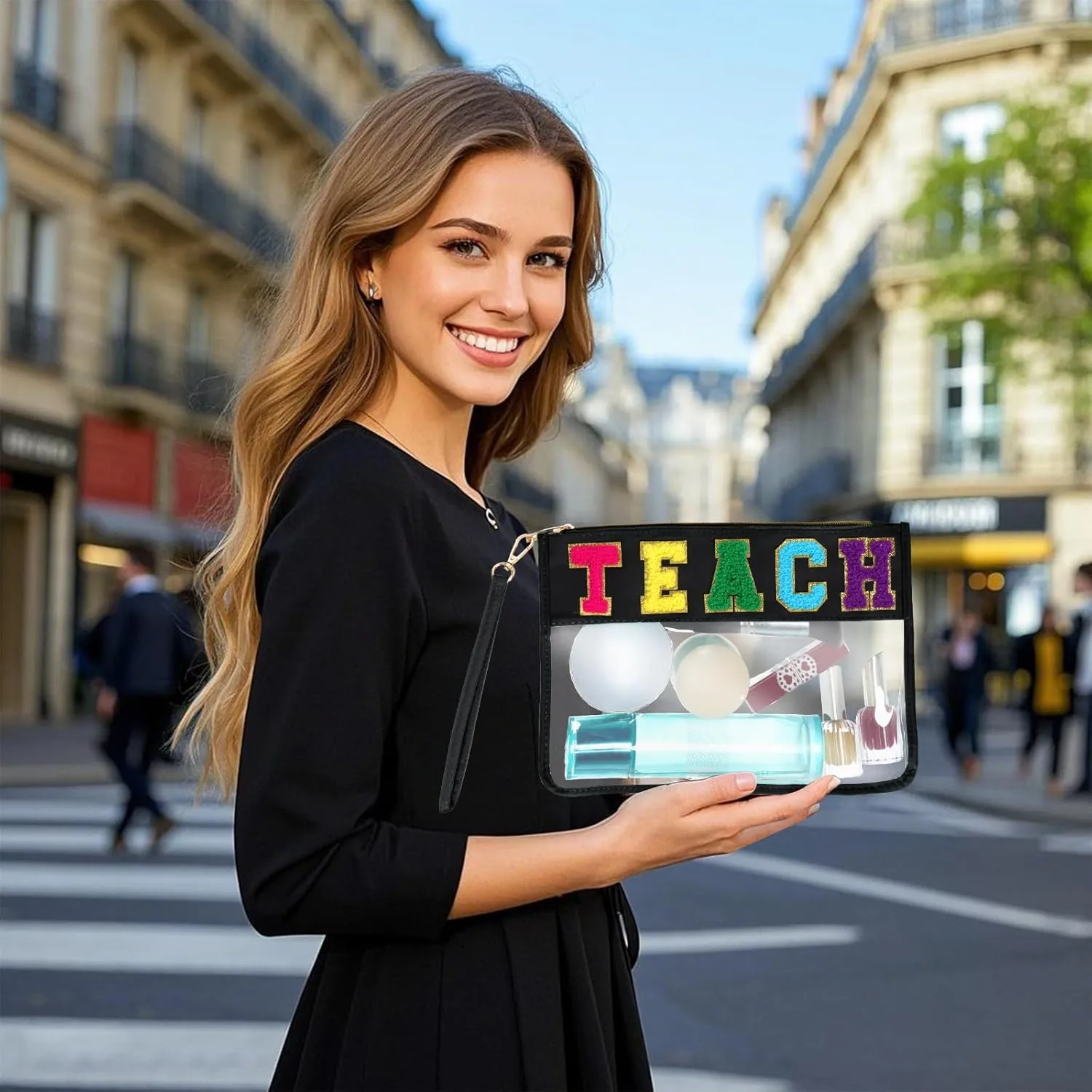 Chenille Letter Bag, Multi-purpose Nylon Clear Makeup Cosmetic Bags Flat Pouches with Zipper for Travel, Gym, Beach (Black-Teach)