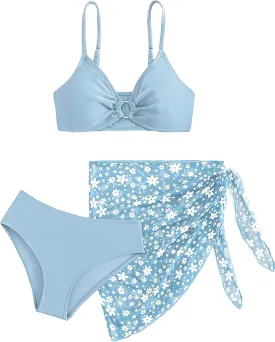 COZYEASE Girls' 3 Piece Bikini Set Ditsy Floral Print Wireless Swimsuit with Beach Skirt