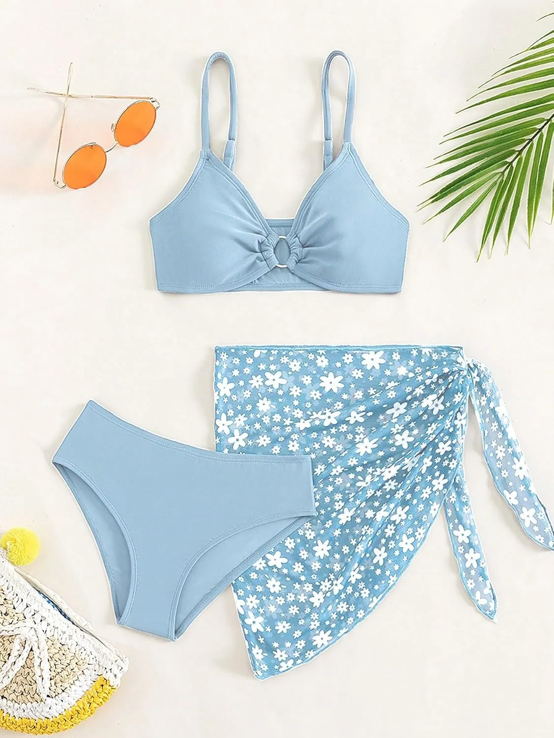 COZYEASE Girls' 3 Piece Bikini Set Ditsy Floral Print Wireless Swimsuit with Beach Skirt