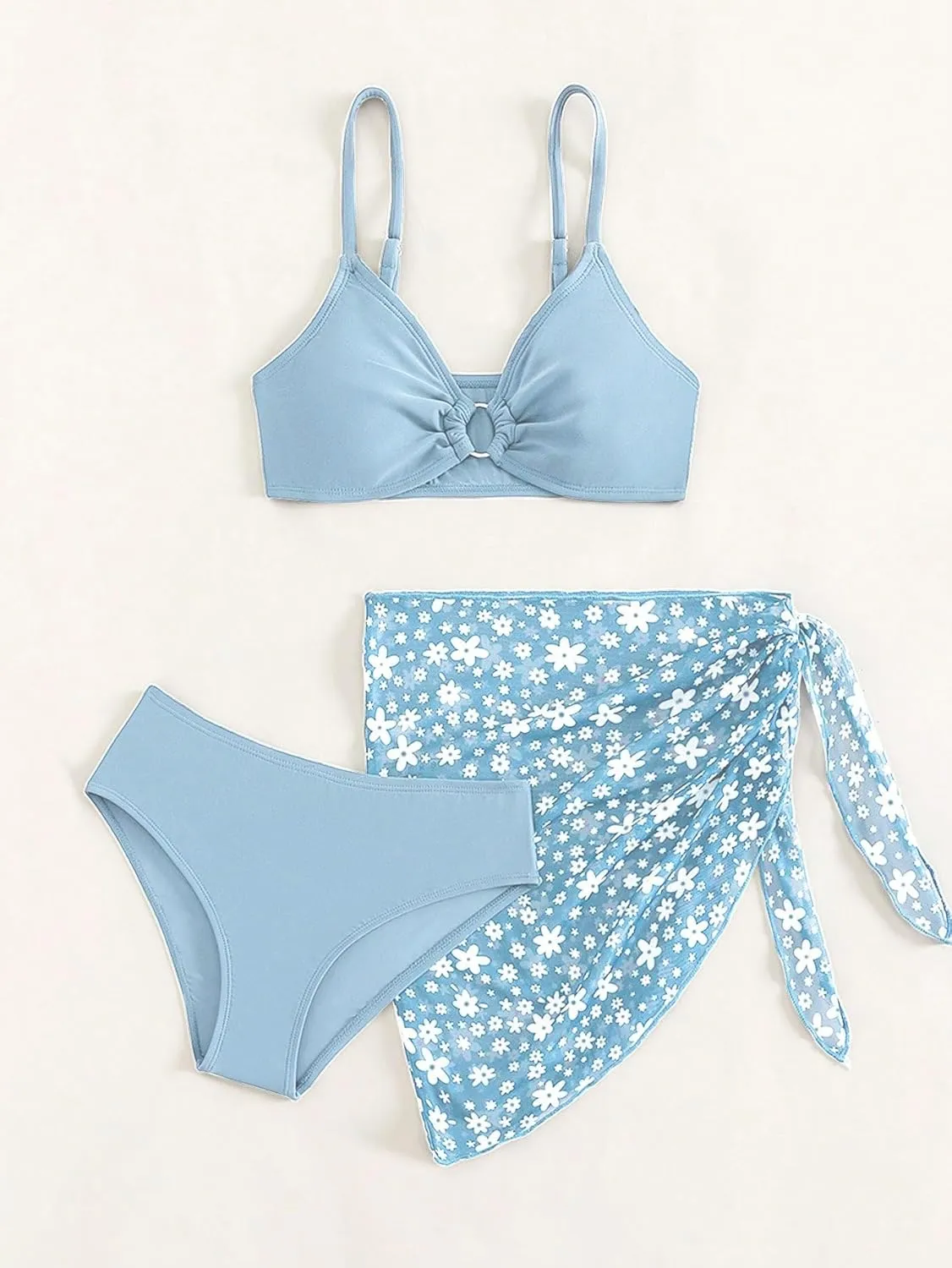 COZYEASE Girls' 3 Piece Bikini Set Ditsy Floral Print Wireless Swimsuit with Beach Skirt
