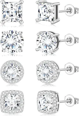 Cubic Zirconia Stud Earrings for Women Mens Earrings Hypoallergenic Sterling Silver Post Square CZ Studs Set