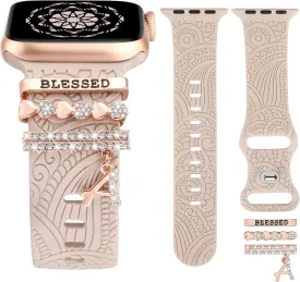 Decorative Rings Loops Compatible with Apple Watch Band Charms 42mm 41mm 40mm 38mm 44mm 45mm 46mm 49mm Women, Boho Engraved Pretty Strap Accessories for iWatch Series 10 9 Ultra SE 8 7 6 5 4 3 2 1