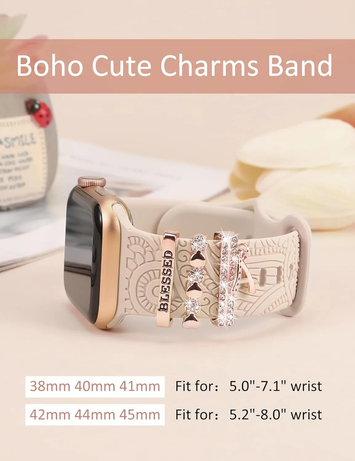 Decorative Rings Loops Compatible with Apple Watch Band Charms 42mm 41mm 40mm 38mm 44mm 45mm 46mm 49mm Women, Boho Engraved Pretty Strap Accessories for iWatch Series 10 9 Ultra SE 8 7 6 5 4 3 2 1