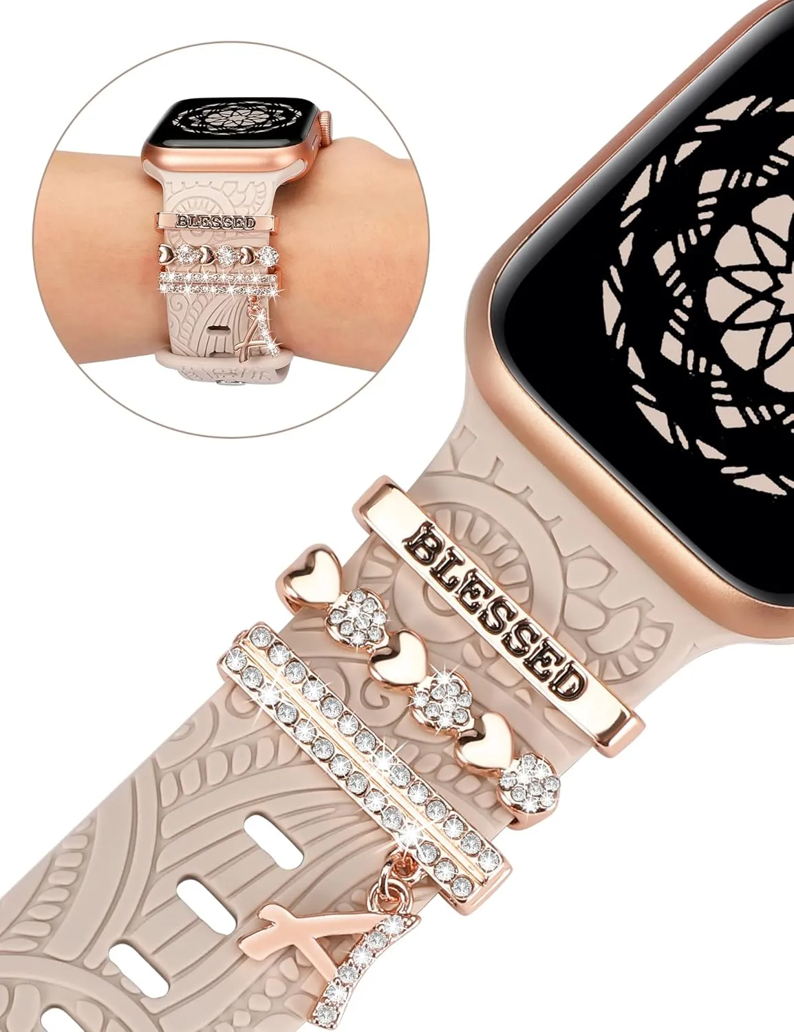 Decorative Rings Loops Compatible with Apple Watch Band Charms 42mm 41mm 40mm 38mm 44mm 45mm 46mm 49mm Women, Boho Engraved Pretty Strap Accessories for iWatch Series 10 9 Ultra SE 8 7 6 5 4 3 2 1