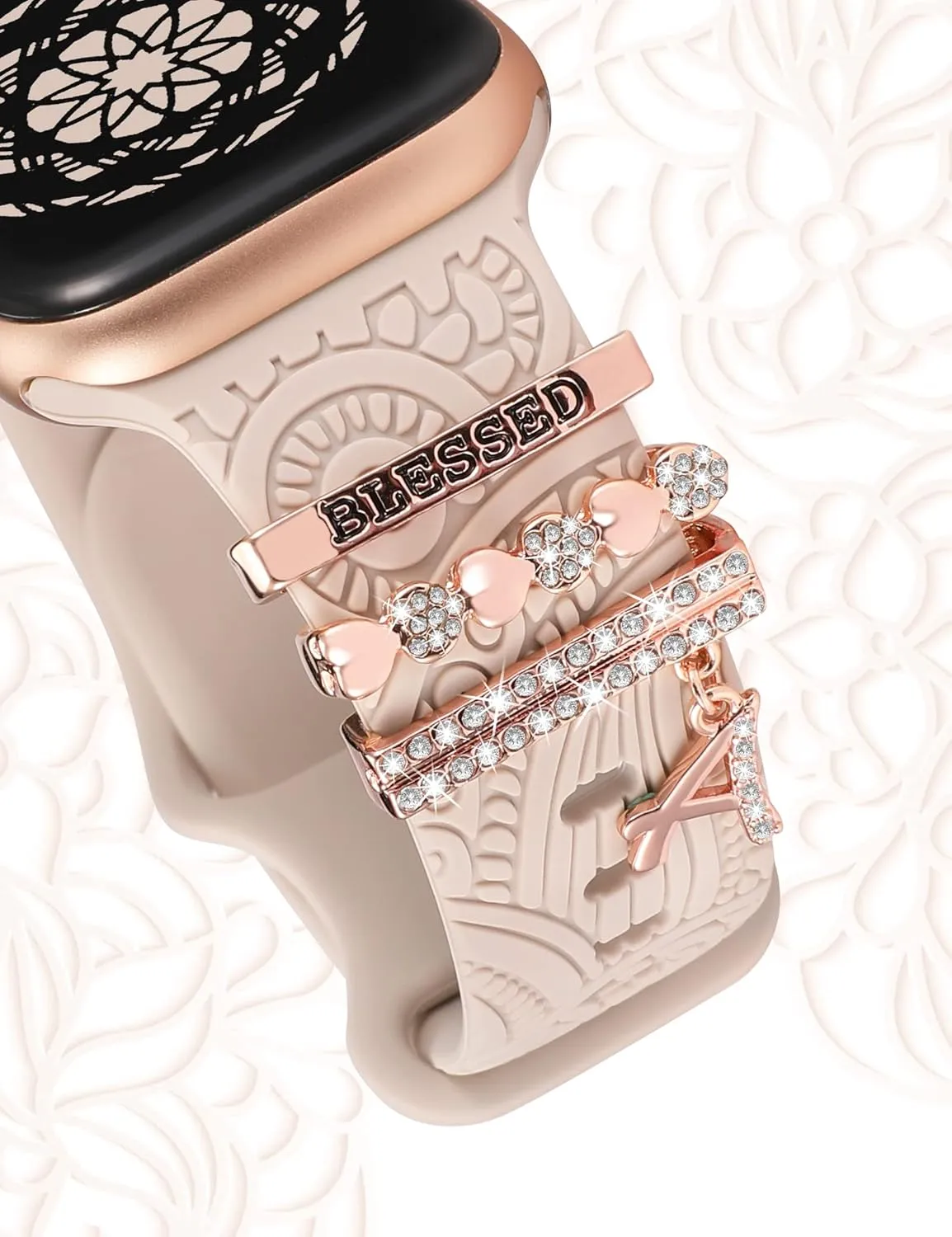 Decorative Rings Loops Compatible with Apple Watch Band Charms 42mm 41mm 40mm 38mm 44mm 45mm 46mm 49mm Women, Boho Engraved Pretty Strap Accessories for iWatch Series 10 9 Ultra SE 8 7 6 5 4 3 2 1