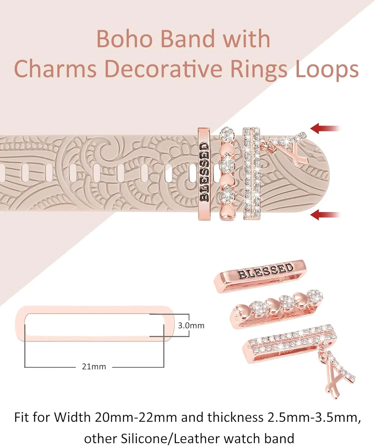 Decorative Rings Loops Compatible with Apple Watch Band Charms 42mm 41mm 40mm 38mm 44mm 45mm 46mm 49mm Women, Boho Engraved Pretty Strap Accessories for iWatch Series 10 9 Ultra SE 8 7 6 5 4 3 2 1