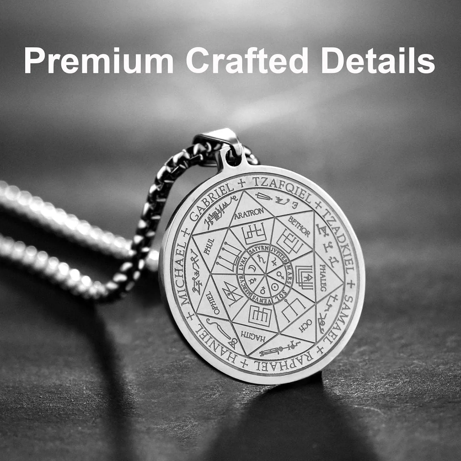 FLYUN Seven Archangels Pendant Necklace For Men Women Protection Amulet Archangel Michael Coin Pendant Necklace Gabriel Uriel Spiritual Stainless Steel Medal Necklace 24 inches