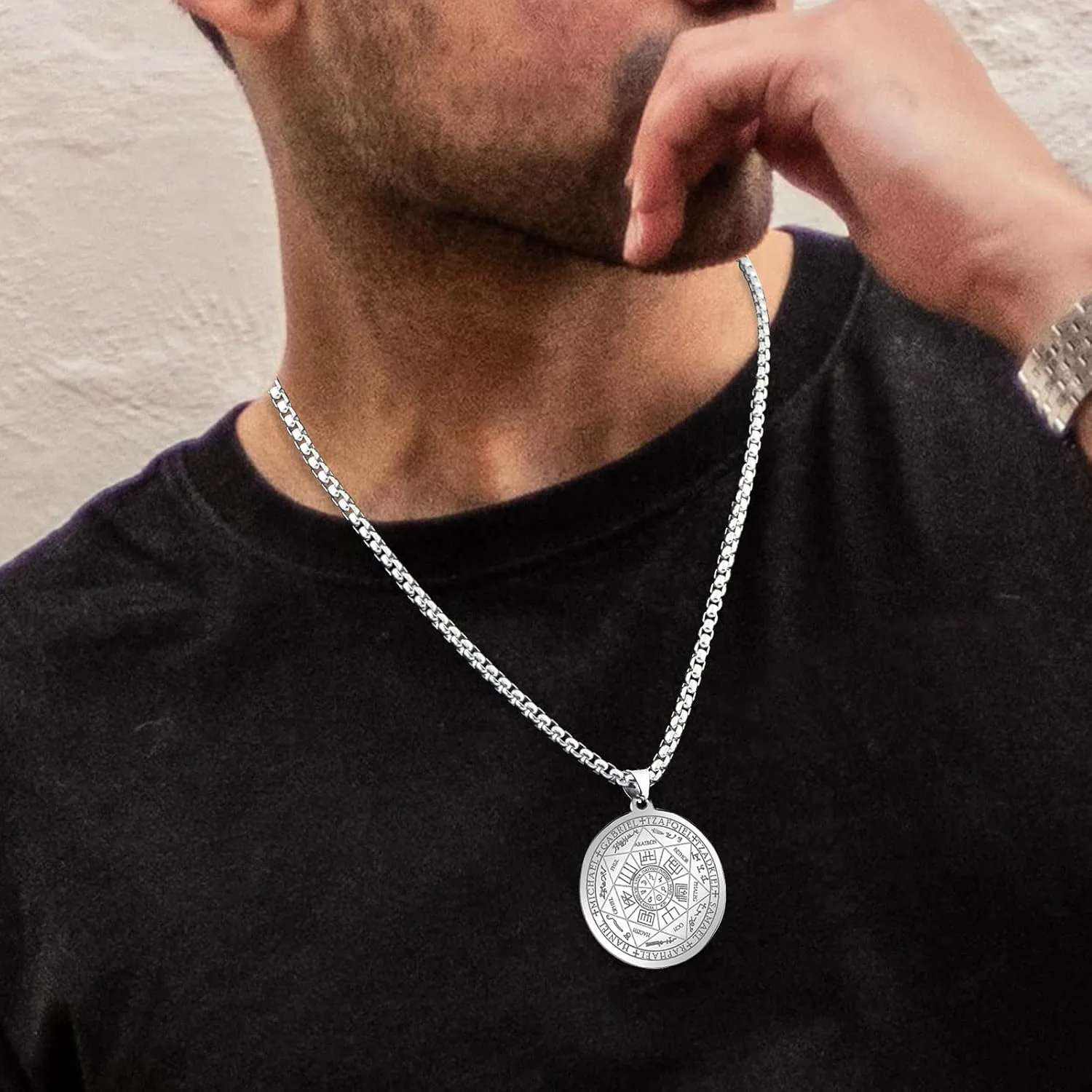 FLYUN Seven Archangels Pendant Necklace For Men Women Protection Amulet Archangel Michael Coin Pendant Necklace Gabriel Uriel Spiritual Stainless Steel Medal Necklace 24 inches