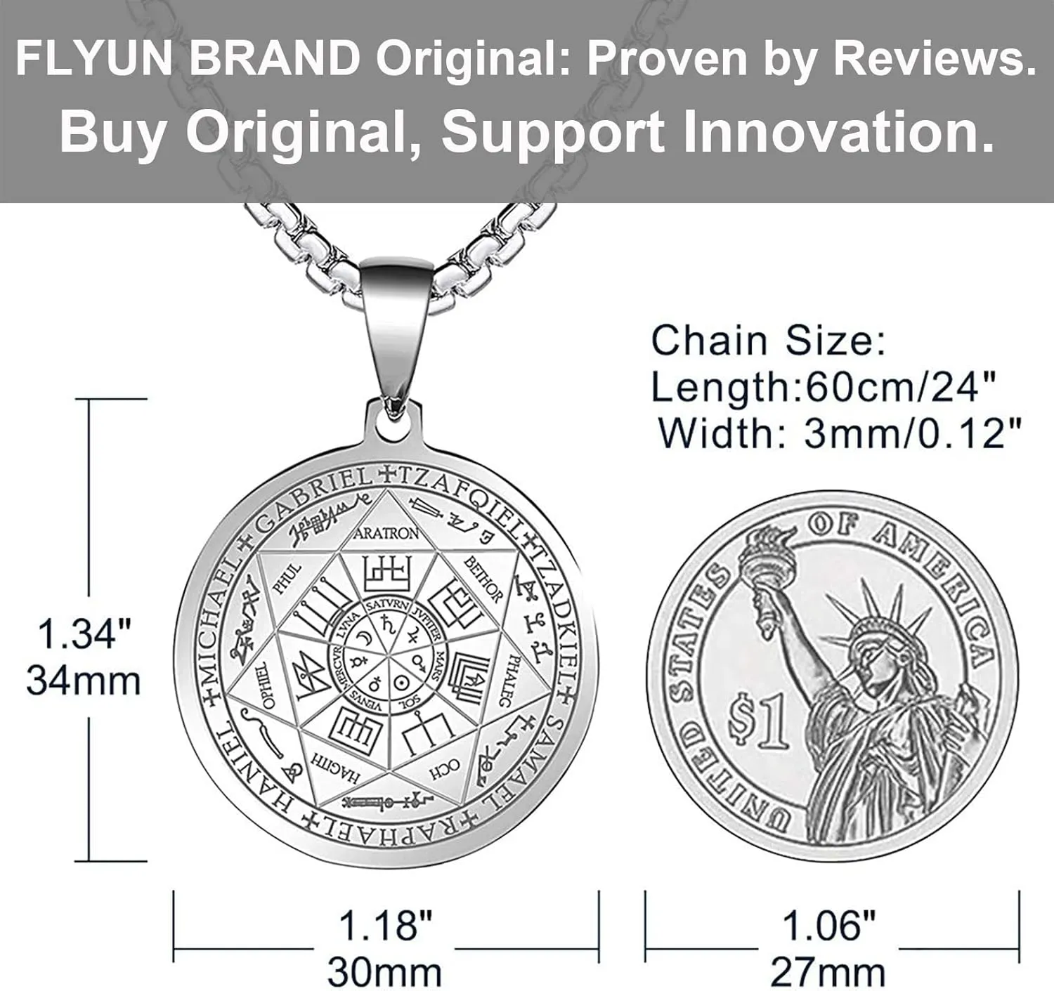 FLYUN Seven Archangels Pendant Necklace For Men Women Protection Amulet Archangel Michael Coin Pendant Necklace Gabriel Uriel Spiritual Stainless Steel Medal Necklace 24 inches