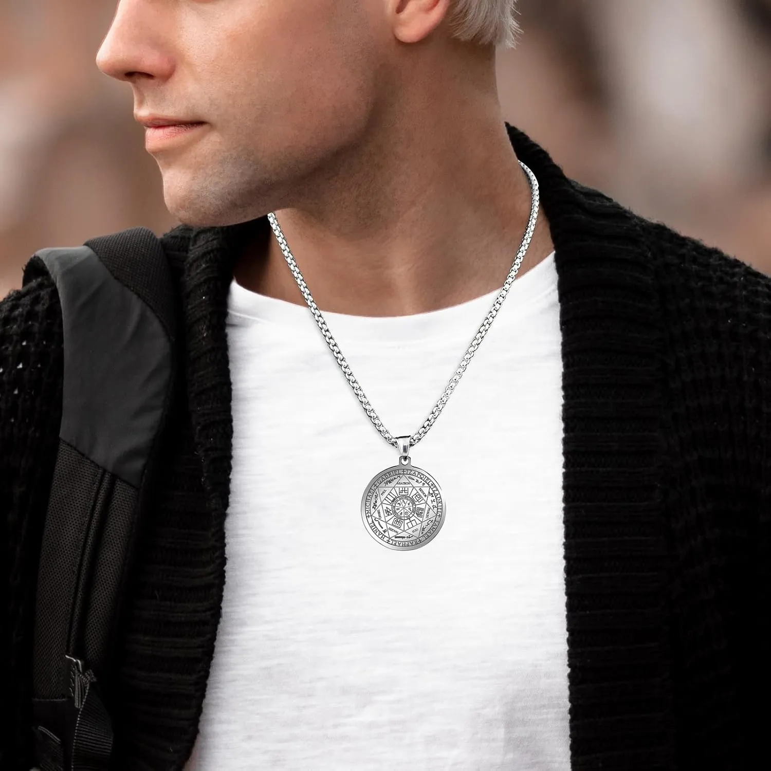 FLYUN Seven Archangels Pendant Necklace For Men Women Protection Amulet Archangel Michael Coin Pendant Necklace Gabriel Uriel Spiritual Stainless Steel Medal Necklace 24 inches