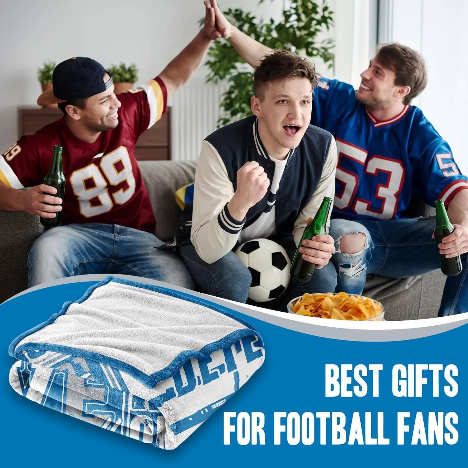 Football Gifts Blanket, Gifts for Team Fans, Fathers Day Blue Football Flannel Blanket for Men Women, Throw Blanket for Couch 60"x50"