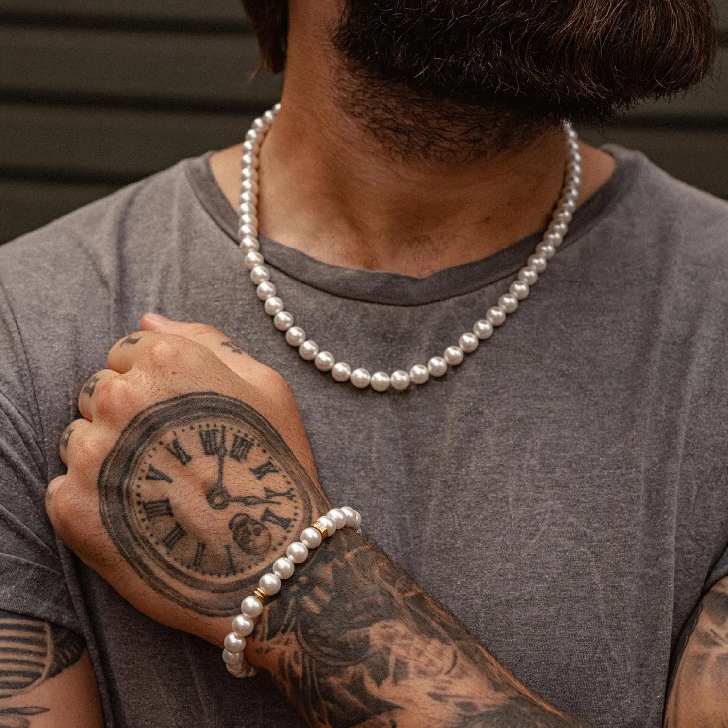 Forge & Foundry Men's 8mm Shell Pearl (Man-Made) Bracelet [Small, Medium, Large and Adjustable Sizing Options] | Marlow | Refined Hand-Crafted Jewelry, Designed by Jewelers, Forged for Men [Marlow]