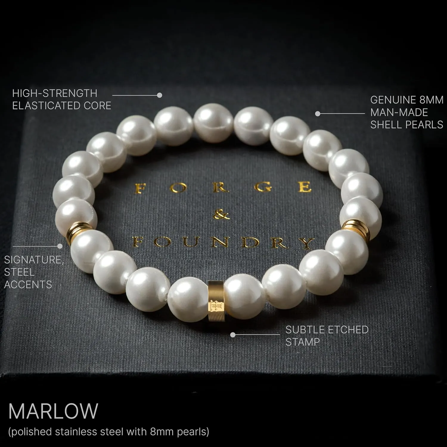 Forge & Foundry Men's 8mm Shell Pearl (Man-Made) Bracelet [Small, Medium, Large and Adjustable Sizing Options] | Marlow | Refined Hand-Crafted Jewelry, Designed by Jewelers, Forged for Men [Marlow]