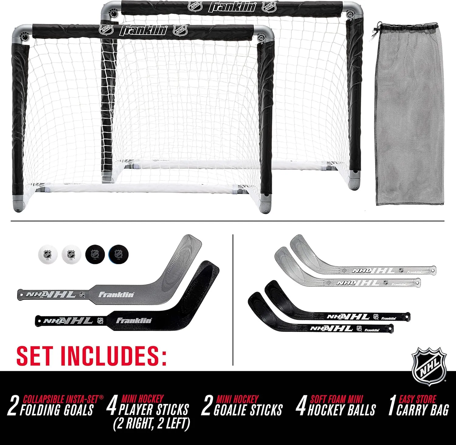 Franklin Sports NHL Kids Mini Hockey Goal Set - (2) Mini   Knee Hockey Goals, (4) Youth Sticks, (2) Goalie Sticks   (4) Foam Balls - Knee   Mini Hockey Set