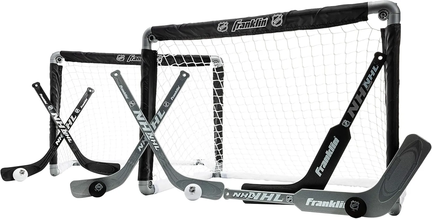 Franklin Sports NHL Kids Mini Hockey Goal Set - (2) Mini   Knee Hockey Goals, (4) Youth Sticks, (2) Goalie Sticks   (4) Foam Balls - Knee   Mini Hockey Set
