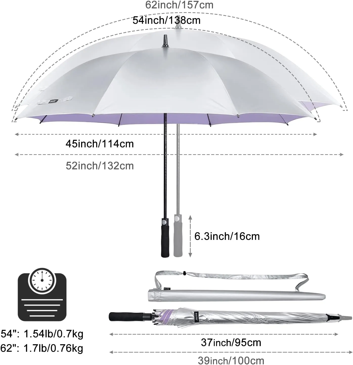 G4Free 54/62 Inch Windproof UV Protection Golf Umbrella Extra Large Silver Coated Automatic Open Stick Long Umbrella