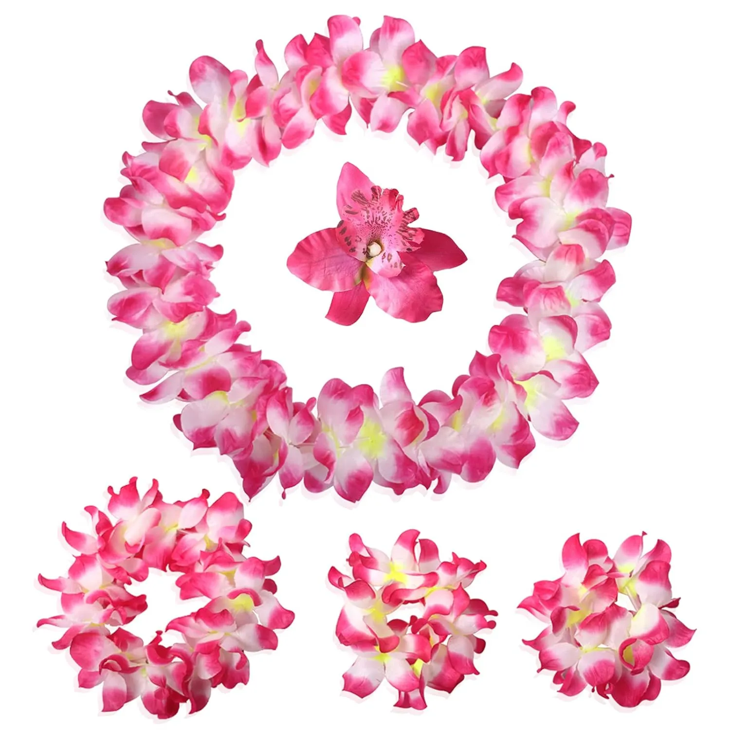 Hawaiian Leis Headband Wristbands Flower Hair Clips Luau Tropical Women Necklace Headpiece Hair Bands Hairband Bracelets Summer Beach Pool Cosplay Dress Up Birthday Party Decorations Supplies Rose