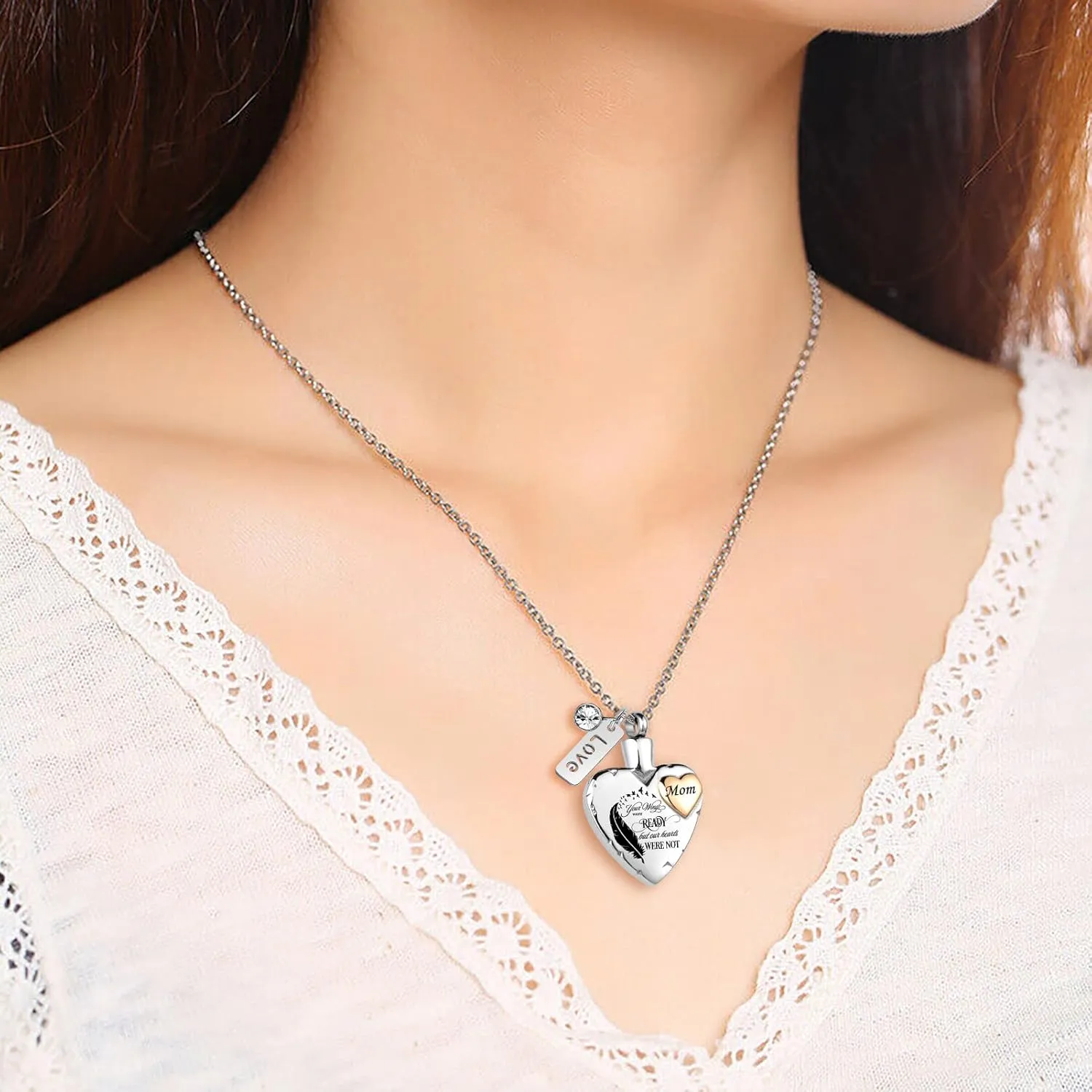Heart Urn Necklace for Ashes Cremation Memorial Keepsake Jewelry for Loved Ones -Your Wings were Ready My Heart was Not