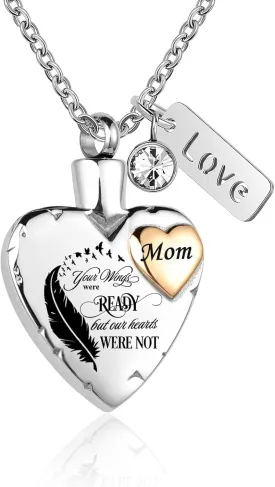 Heart Urn Necklace for Ashes Cremation Memorial Keepsake Jewelry for Loved Ones -Your Wings were Ready My Heart was Not