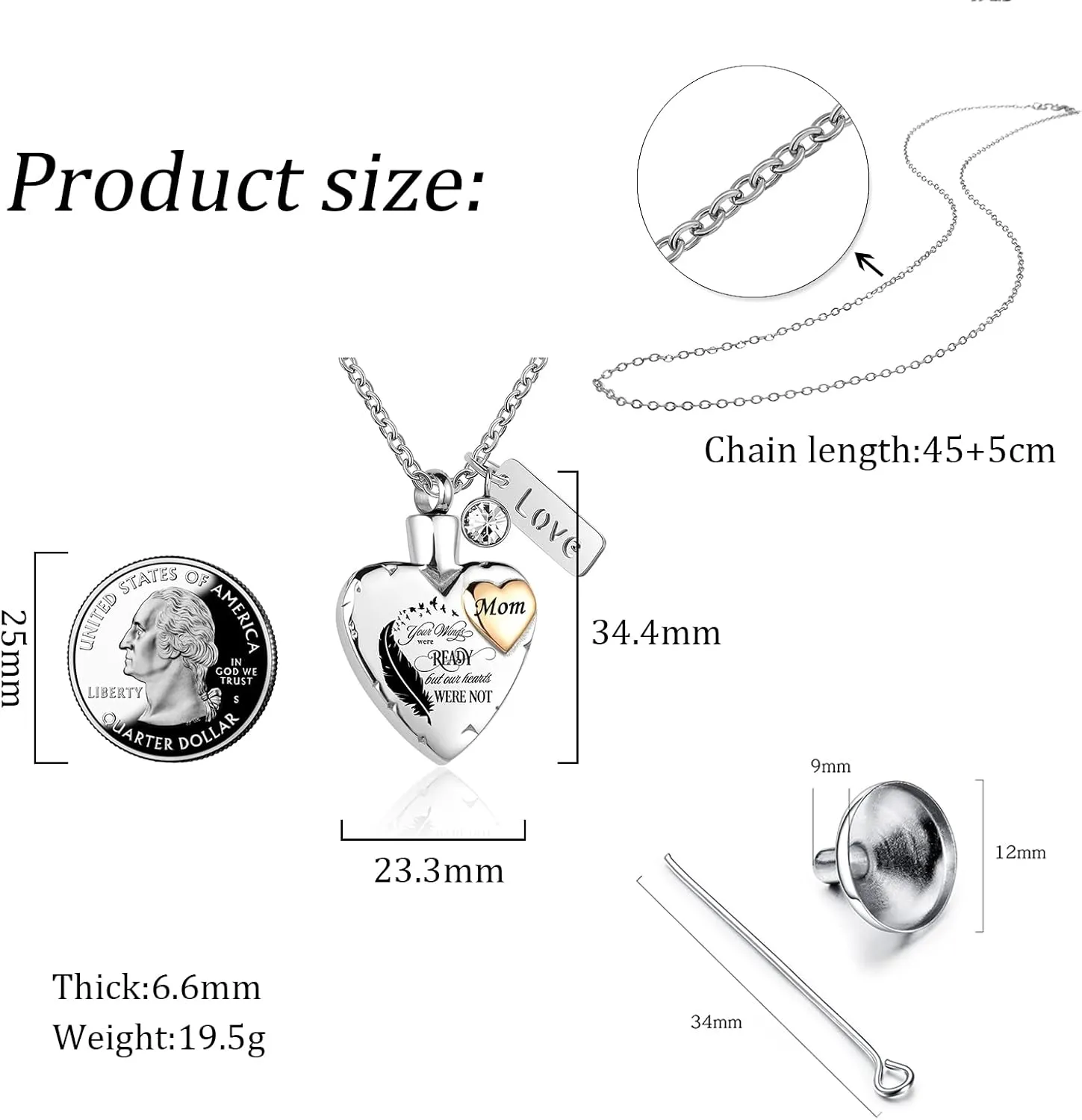 Heart Urn Necklace for Ashes Cremation Memorial Keepsake Jewelry for Loved Ones -Your Wings were Ready My Heart was Not